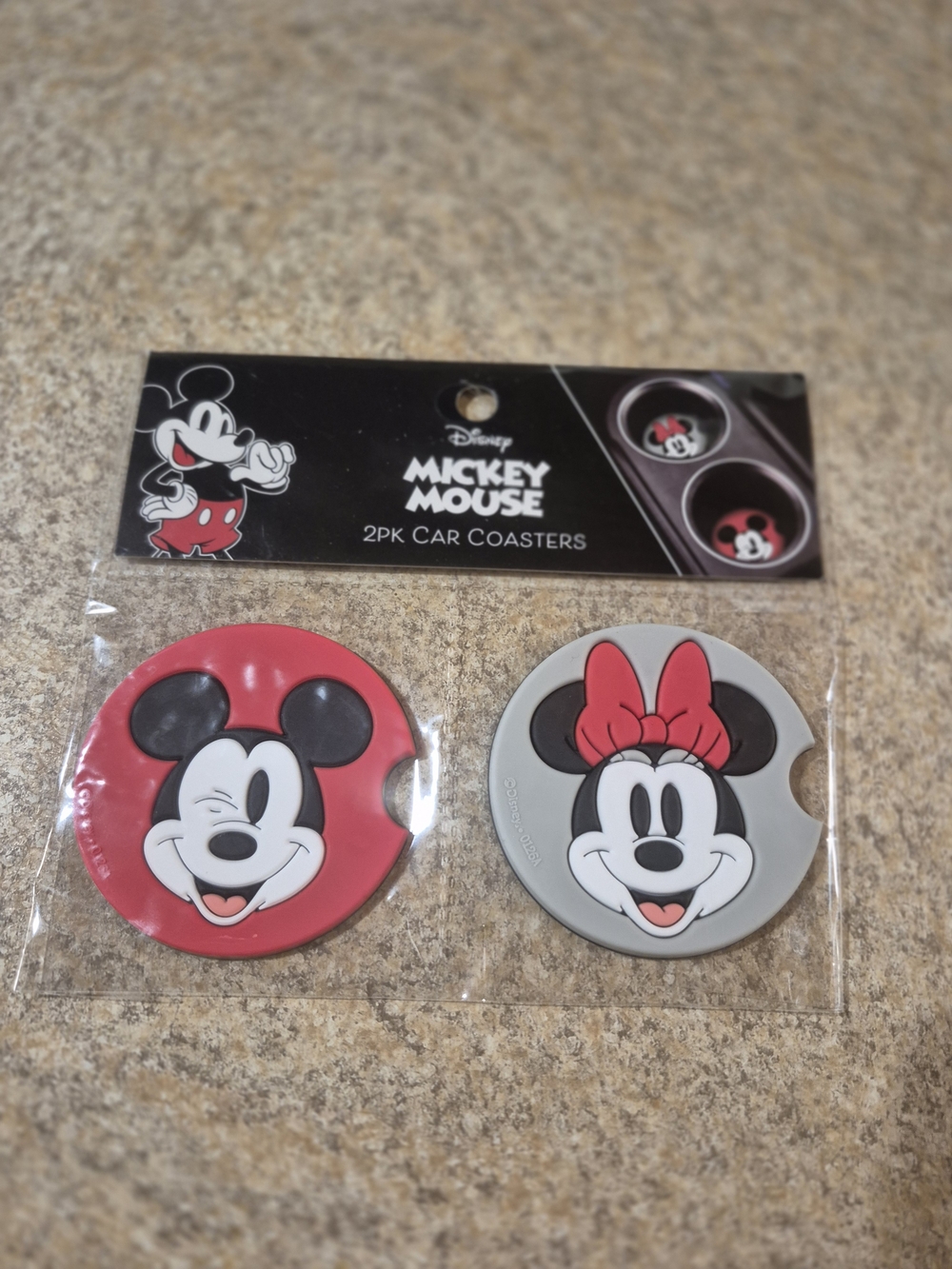 Disney Mickey & Minnie Mouse 2-Pack Car Coasters - Red & Gray New In PLASTIC